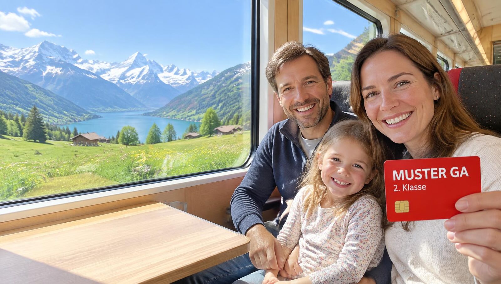 Familie im Panoramazug hält ein rotes GA 2. Klasse in die Kamera