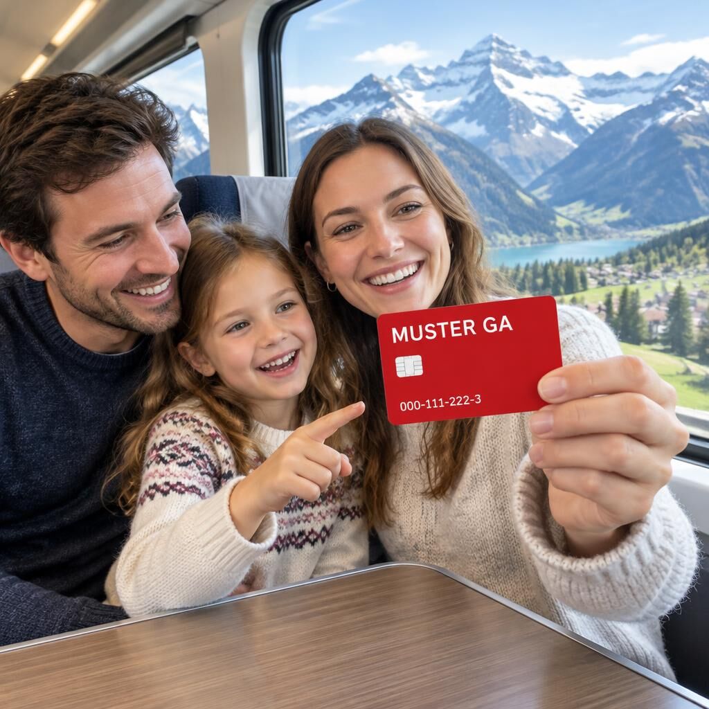 Familie zeigt im Panoramazug ein rotes Muster GA vor Schweizer Alpen