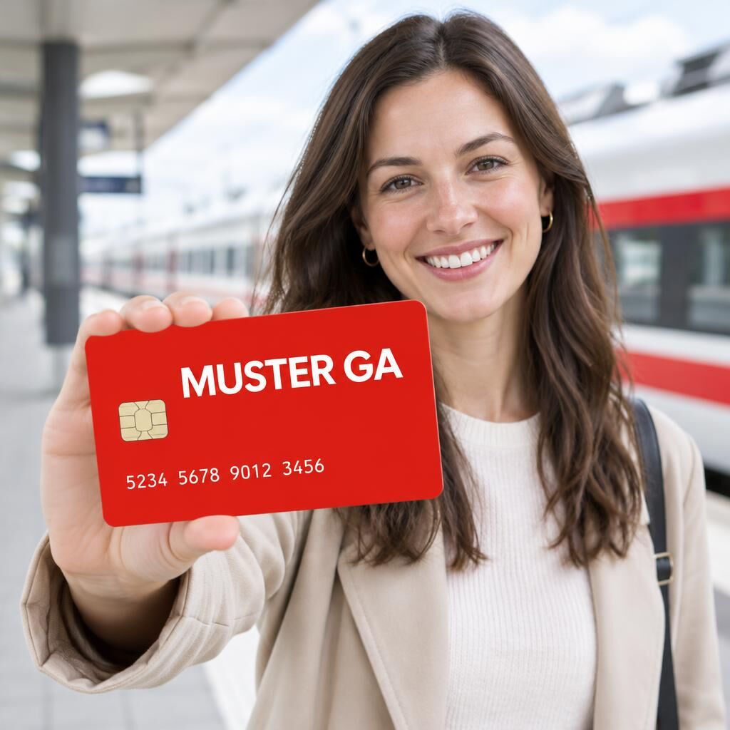 Junge lächelnde Frau hält rote Fahrkarte vor einem Zug